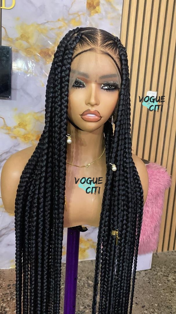 Braided wig, Knotless big braids, chunky box braids, beads, butt length braids, full lace wig for black women, custom made wig color black.