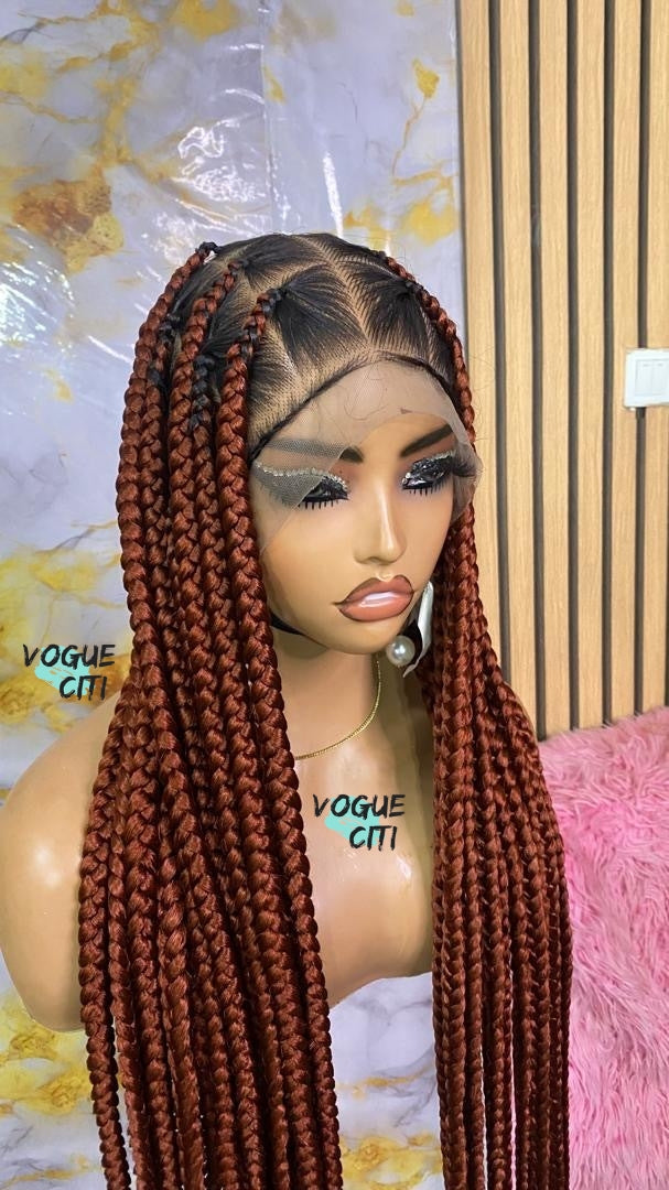 Braided wig,Knotless big braids, chunky box braids, beads, butt length braids, full lace wig for black women, custom made wig color black.