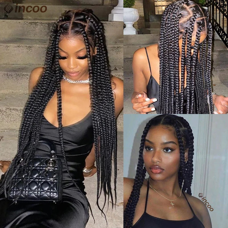 Jumbo Knotless Box Braids for Black Women Synthetic Lace Front Large Braided Wig