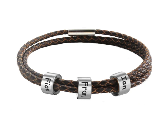 Personalized Braided Leather Family Names Bracelet for Men - Stainless Steel Beads Charm Bangle - Father's Day Gift