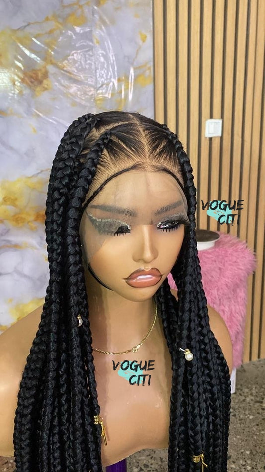 Braided wig, Knotless big braids, chunky box braids, beads, butt length braids, full lace wig for black women, custom made wig color black.