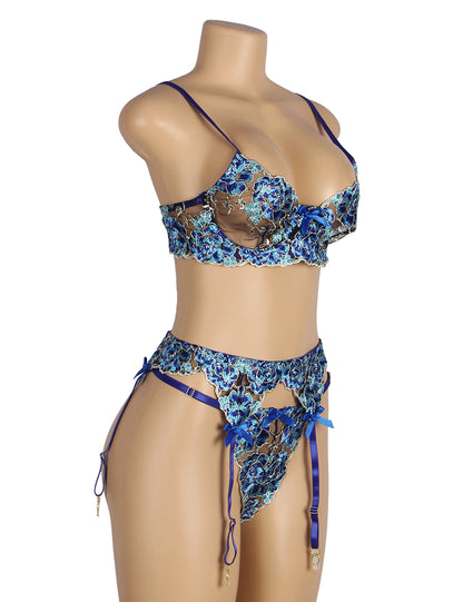 Bluewater Floral Lace Underwire Garter Bra Lingerie Set