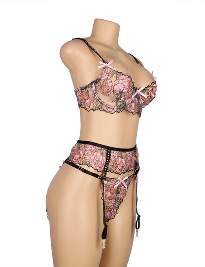 Pinky Floral 3- Piece Lace Lingerie Set