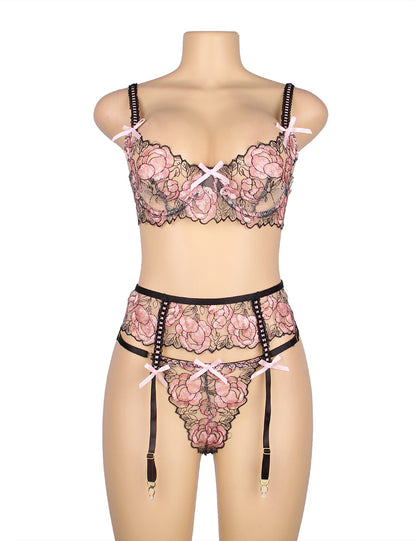 Pinky Floral 3- Piece Lace Lingerie Set