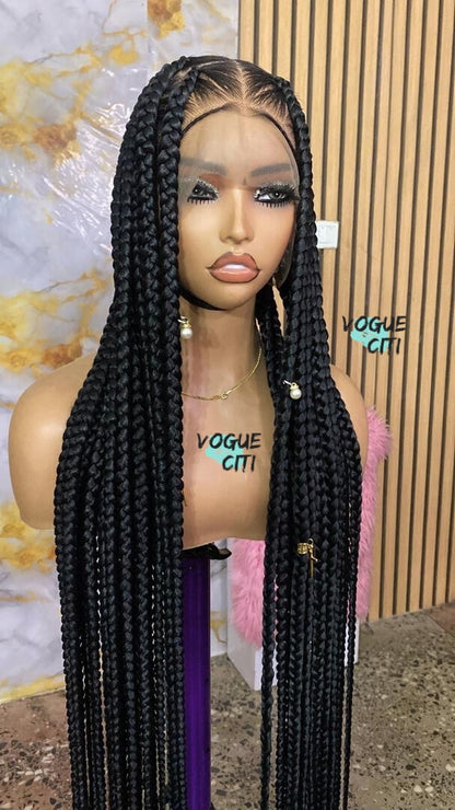 Braided wig, Knotless big braids, chunky box braids, beads, butt length braids, full lace wig for black women, custom made wig color black.