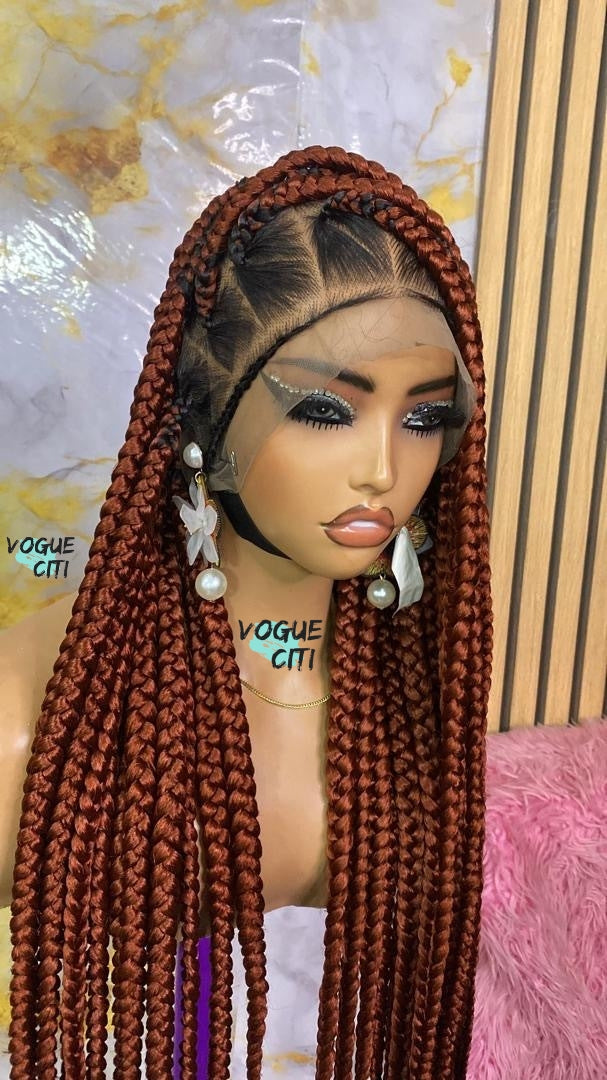 Braided wig,Knotless big braids, chunky box braids, beads, butt length braids, full lace wig for black women, custom made wig color black.