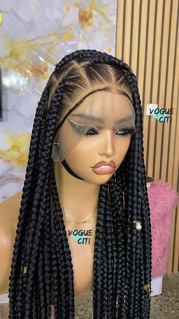 Braided wig, Knotless big braids, chunky box braids, beads, butt length braids, full lace wig for black women, custom made wig color black.