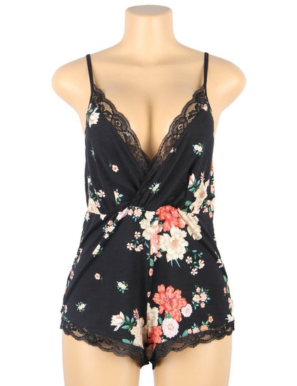 Plus Roommate V Neck  Floral Print Lace Bodysuit Lingerie