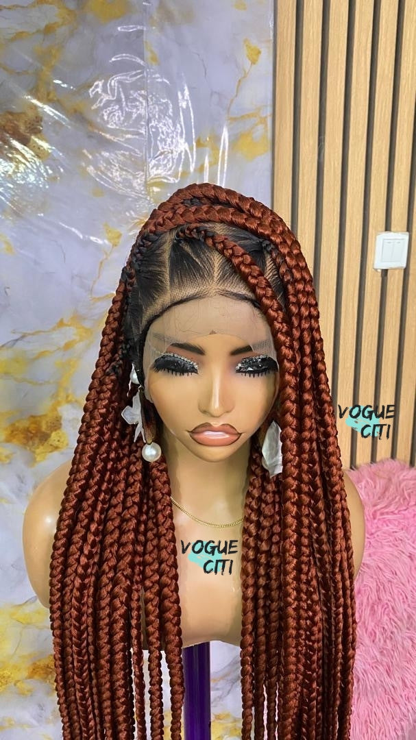 Braided wig,Knotless big braids, chunky box braids, beads, butt length braids, full lace wig for black women, custom made wig color black.