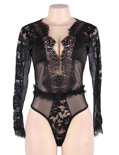 Plus Hold My Hand Long Sleeve Teddy Floral Lace Lingerie