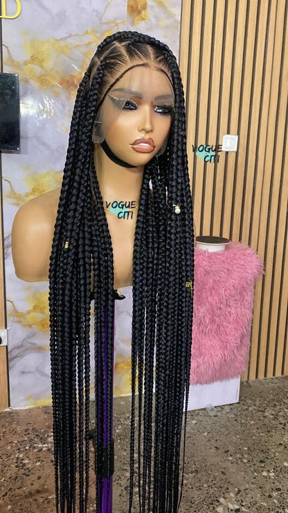 Braided wig, Knotless big braids, chunky box braids, beads, butt length braids, full lace wig for black women, custom made wig color black.