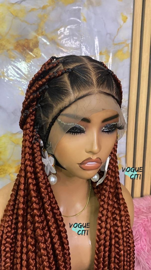 Braided wig,Knotless big braids, chunky box braids, beads, butt length braids, full lace wig for black women, custom made wig color black.