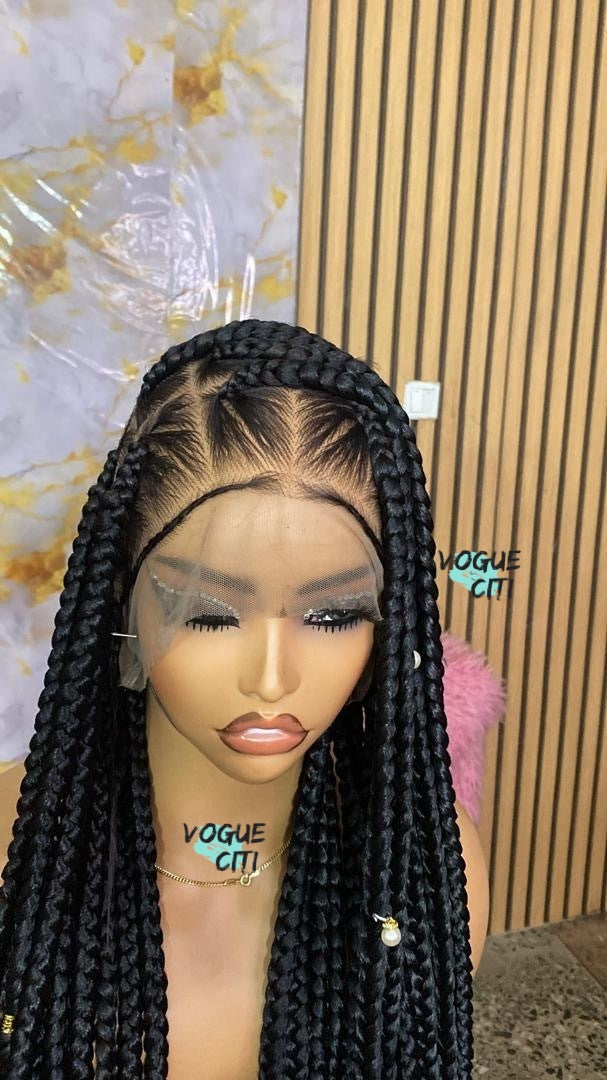 Braided wig, Knotless big braids, chunky box braids, beads, butt length braids, full lace wig for black women, custom made wig color black.