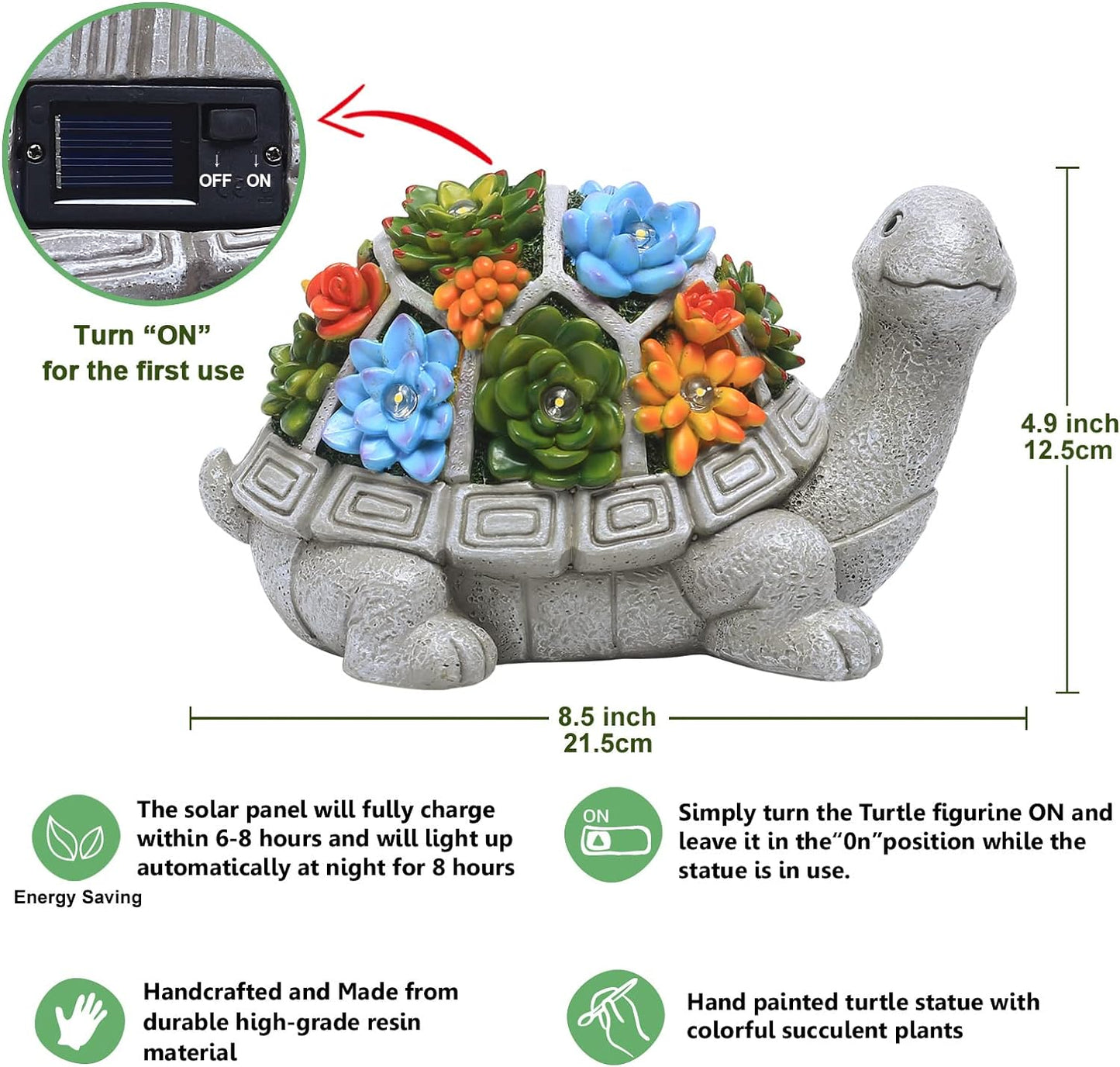 Solar Garden Outdoor Statues Turtle with Succulent and 7 LED Lights