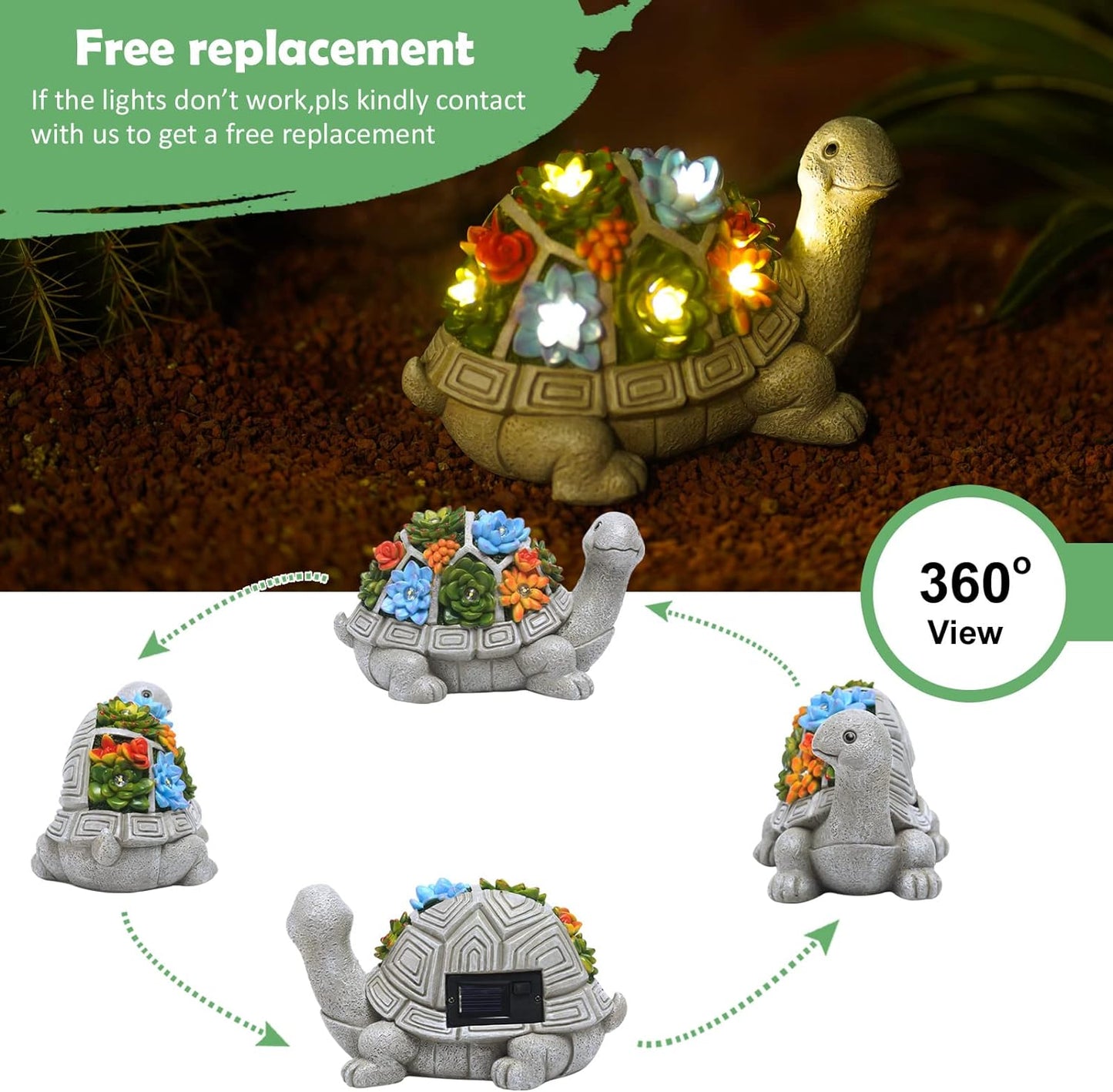 Solar Garden Outdoor Statues Turtle with Succulent and 7 LED Lights