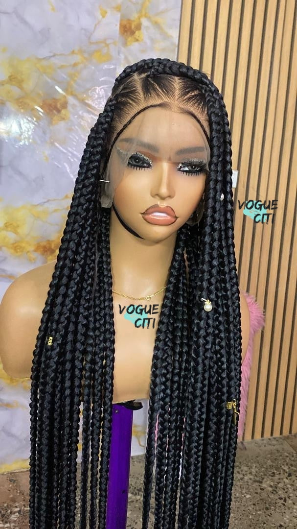 Braided wig, Knotless big braids, chunky box braids, beads, butt length braids, full lace wig for black women, custom made wig color black.