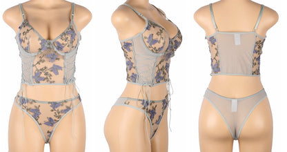 Plus Ride or Die Butterfly Pattern Embroidery Mesh Lingerie Set