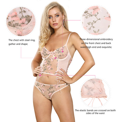 Plus Ride or Die Butterfly Pattern Embroidery Mesh Lingerie Set