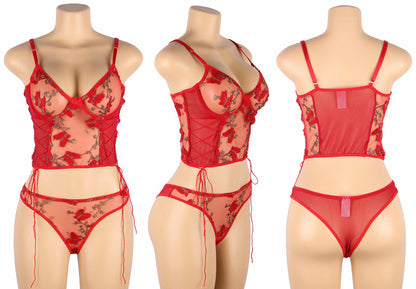 Plus Ride or Die Butterfly Pattern Embroidery Mesh Lingerie Set