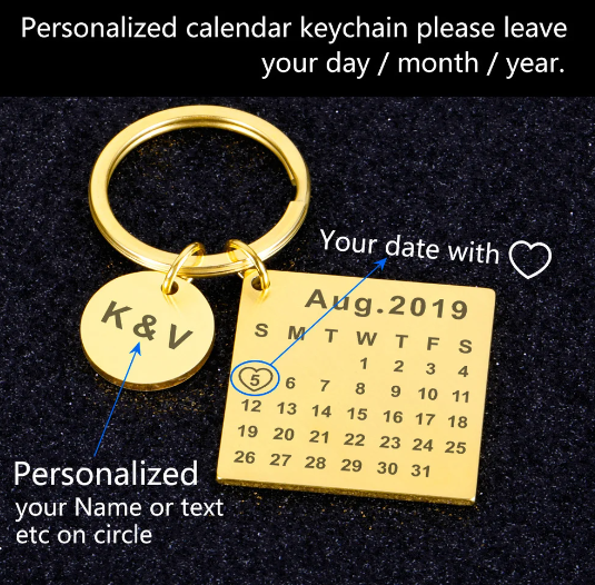 Engraved Stainless Steel Calendar Date Keychain - Personalized Wedding Anniversary Gift for Boyfriend or Husband