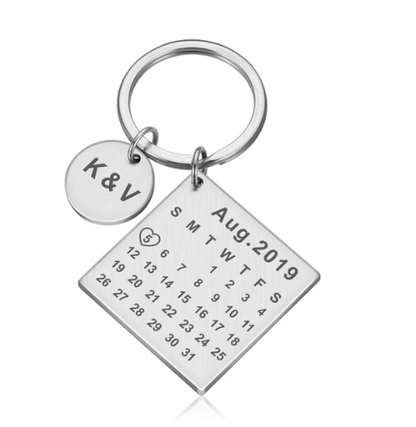 Engraved Stainless Steel Calendar Date Keychain - Personalized Wedding Anniversary Gift for Boyfriend or Husband