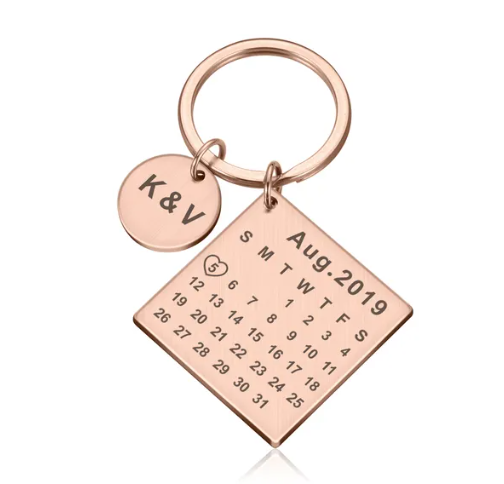 Engraved Stainless Steel Calendar Date Keychain - Personalized Wedding Anniversary Gift for Boyfriend or Husband