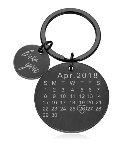 Engraved Stainless Steel Calendar Date Keychain - Personalized Wedding Anniversary Gift for Boyfriend or Husband