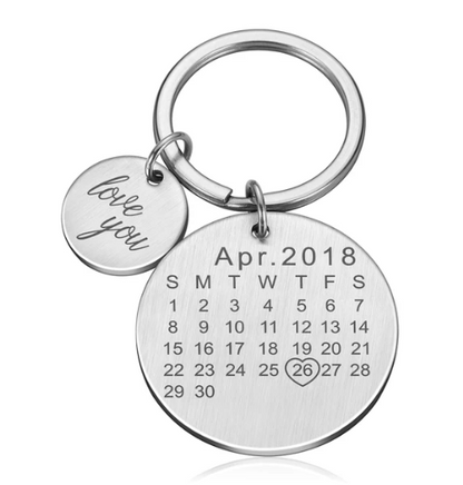 Engraved Stainless Steel Calendar Date Keychain - Personalized Wedding Anniversary Gift for Boyfriend or Husband