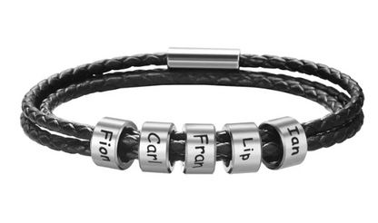 Personalized Braided Leather Family Names Bracelet for Men - Stainless Steel Beads Charm Bangle - Father's Day Gift