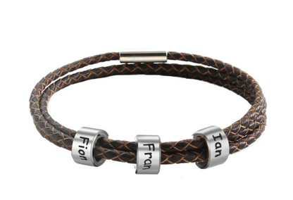 Personalized Braided Leather Family Names Bracelet for Men - Stainless Steel Beads Charm Bangle - Father's Day Gift