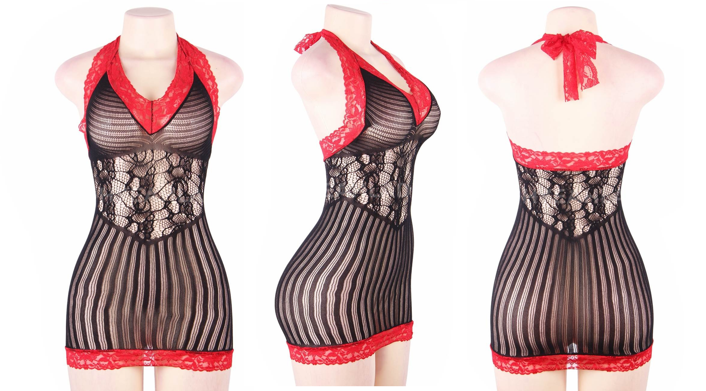 Plus Red Essence Crotchet Mesh Lingerie