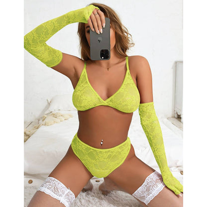 Silk and Frills See-through sexy stretch bra panty set with sleeves