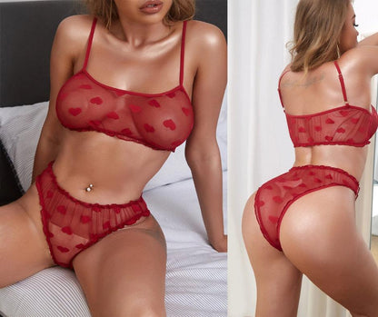 Heart Pattern Mesh Lingerie Set