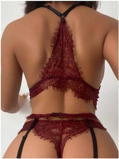 Eyelash Lace Underwire Garter Lingerie Set