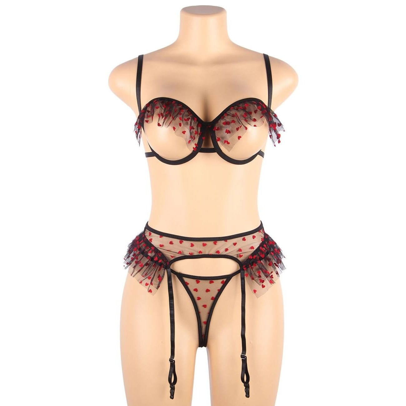 Snugly Night  Peach Heart Lace Ruffled Open Cup Garter Sexy Bra Set