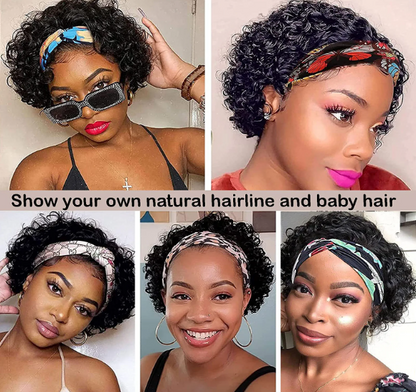 Short Curly Headband Human Hair Wigs Pixie Cut Kinky Curly Bob Glueless Half Wigs 150% Density Natural Black