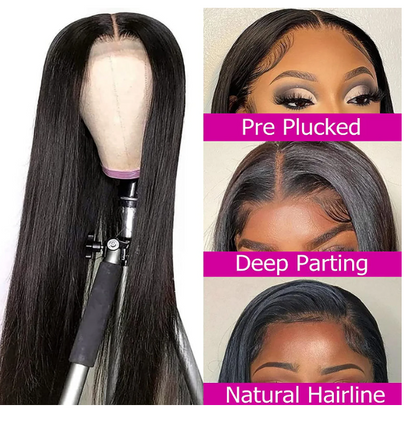 Straight Brazilian Virgin Pre Plucked 150% Density Lace Front Human Hair 4x4 Lace Closure Wig