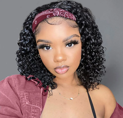 Short Curly Headband Human Hair Wigs Pixie Cut Kinky Curly Bob Glueless Half Wigs 150% Density Natural Black