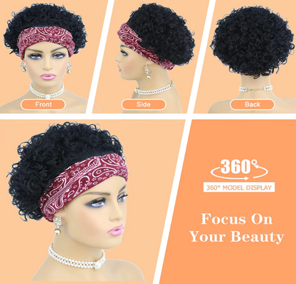 Short Curly Headband Human Hair Wigs Pixie Cut Kinky Curly Bob Glueless Half Wigs 150% Density Natural Black