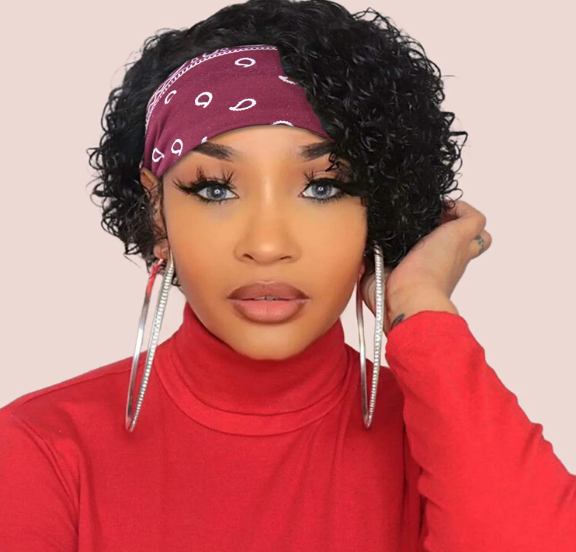 Short Curly Headband Human Hair Wigs Pixie Cut Kinky Curly Bob Glueless Half Wigs 150% Density Natural Black