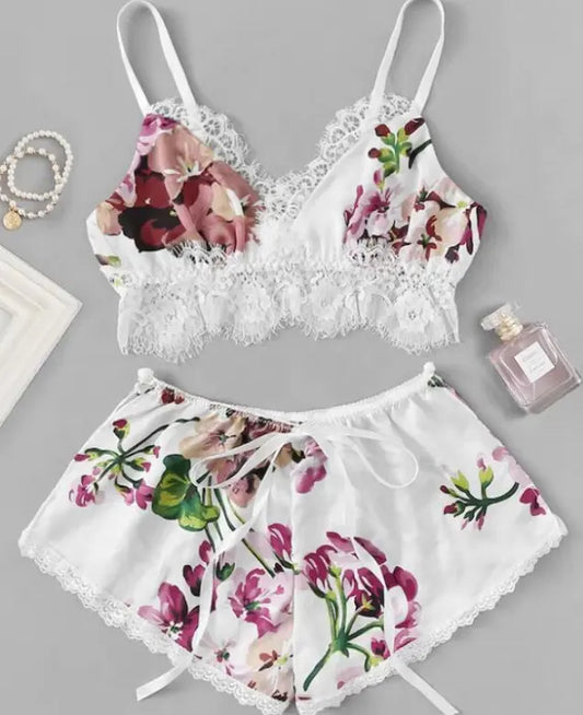 Floral Satin Short Pajama Silk Lingerie Set