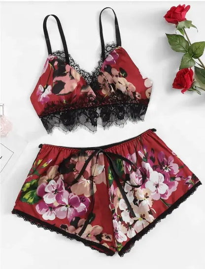 Floral Satin Short Pajama Silk Lingerie Set