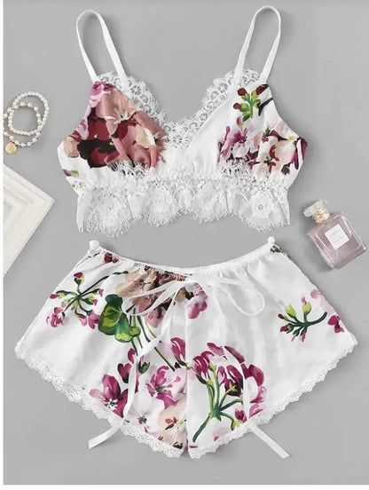 Floral Satin Short Pajama Silk Lingerie Set