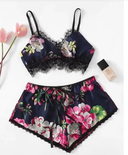 Floral Satin Short Pajama Silk Lingerie Set