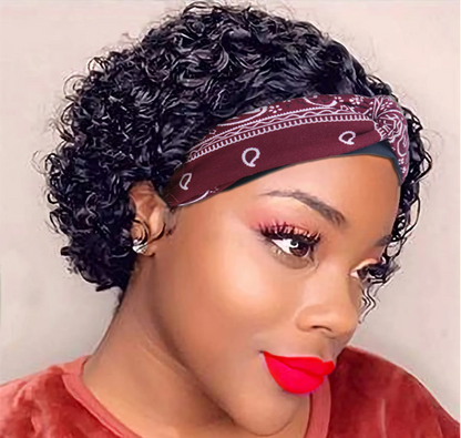 Short Curly Headband Human Hair Wigs Pixie Cut Kinky Curly Bob Glueless Half Wigs 150% Density Natural Black